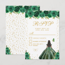 Green Floral Dark Skin Princess Sweet Sixteen RSVP Kaartje