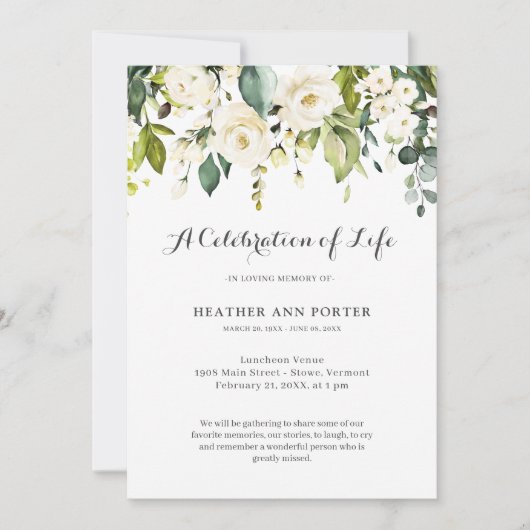 Green Floral Elegant Celebration of Life Funeral Kaart (Voorkant)