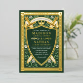 Green Floral Fantasy Sword Shield Monogram Wedding Folie Uitnodiging (Staand Voorkant)
