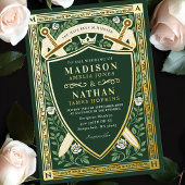 Green Floral Fantasy Sword Shield Monogram Wedding Folie Uitnodiging