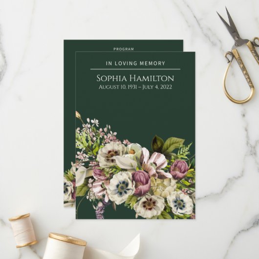 Green Floral Funeral Memorial Programmakaart (Voorkant / Achterkant in situ)