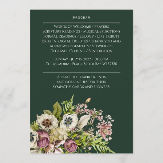 Green Floral Funeral Memorial Programmakaart (Achterkant)