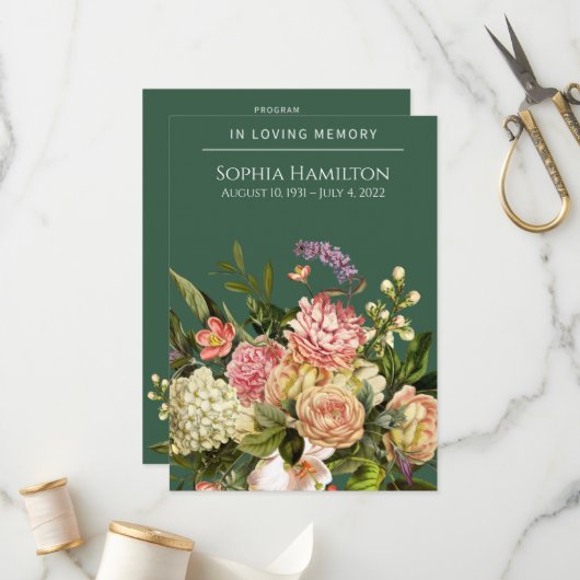 Green Floral Funeral Memorial Programme Programmakaart (Voorkant / Achterkant in situ)