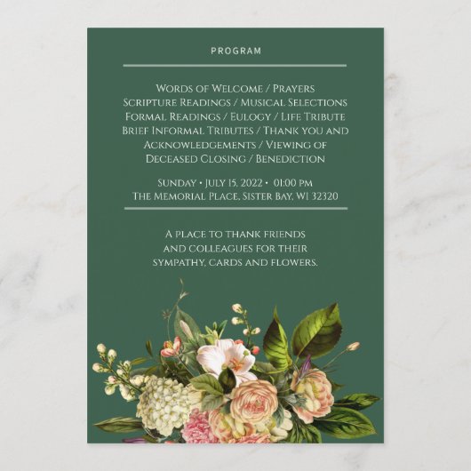 Green Floral Funeral Memorial Programme Programmakaart (Achterkant)