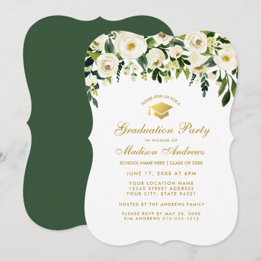 Green Floral Gold Graduation Party Invite G Kaart (Voorkant / Achterkant)