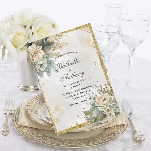 Green Floral Gold Wedding Kaart