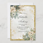 Green Floral Gold Wedding Kaart (Voorkant)