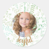 Green Floral Joyful Kerstfeestdag Foto Ronde Sticker (Voorkant)