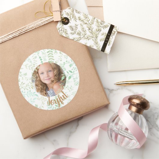 Green Floral Joyful Kerstfeestdag Foto Ronde Sticker (Geschenken)