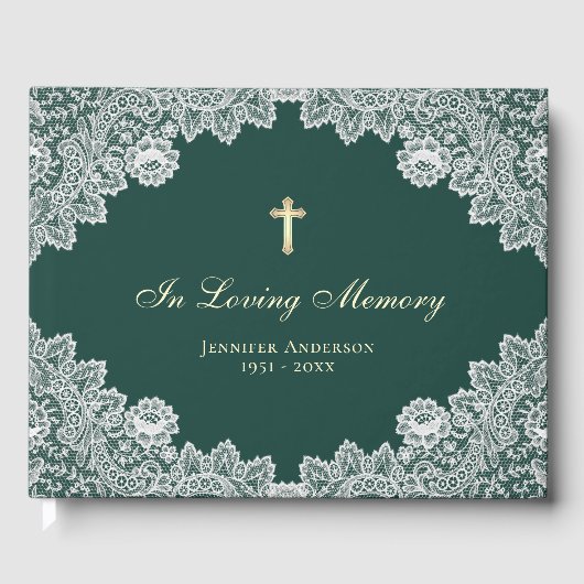  Green Floral Lace Memorial Gastenboek (Voorkant)