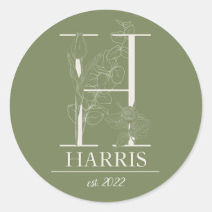 Green Floral  Ornament Letter H Monogram Ronde Sticker