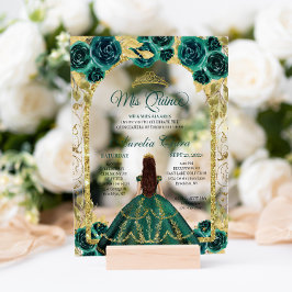 Green Floral Princess Gold Arch Quinceanera Acryl Uitnodigingen