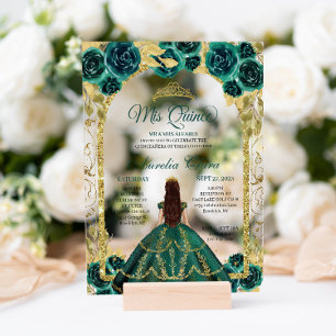 Green Floral Princess Gold Arch Quinceanera Acryl Uitnodigingen