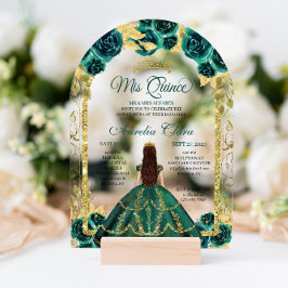 Green Floral Princess Gold Arch Quinceanera Acryl Uitnodigingen