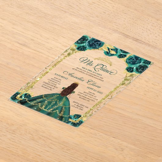 Green Floral Princess Gold Arch Quinceanera Acryl Uitnodigingen (Laagn)