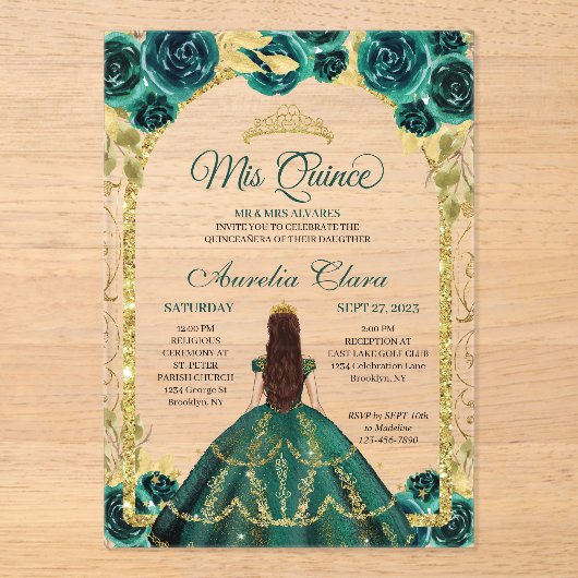 Green Floral Princess Gold Arch Quinceanera Acryl Uitnodigingen (Voorkant)