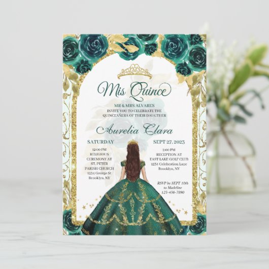 Green Floral Princess Gold Arch Quinceanera Kaart (Staand voorkant)
