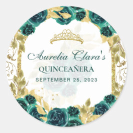 Green Floral Princess Gold Arch Quinceanera Ronde Sticker