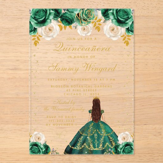 Green Floral Princess Quinceañera Acryl Uitnodigingen (Voorkant)