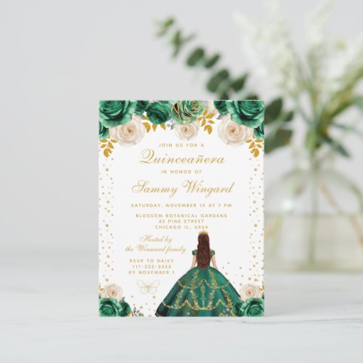 Green Floral Princess Quinceañera Briefkaart (Staand voorkant)