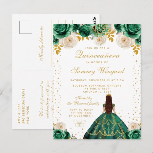 Green Floral Princess Quinceañera Briefkaart (Voorkant / Achterkant)