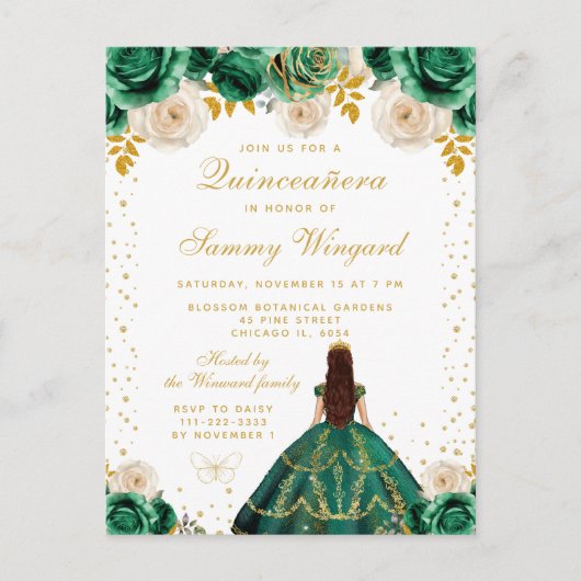 Green Floral Princess Quinceañera Briefkaart (Voorkant)