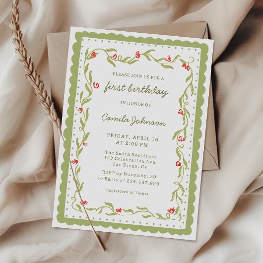 Green Floral Scalloped Frame Birthday Invitation Kaart
