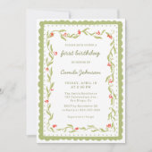 Green Floral Scalloped Frame Birthday Invitation Kaart (Voorkant)