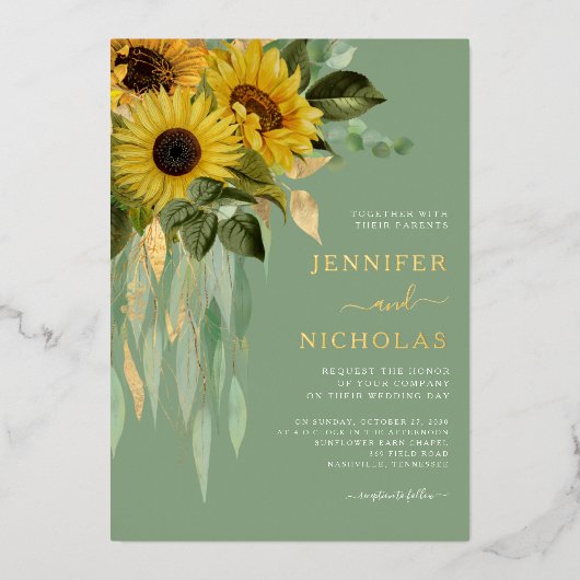 Green Floral Sunflower Weddenschap Gold Folie Uitnodiging (Voorkant)