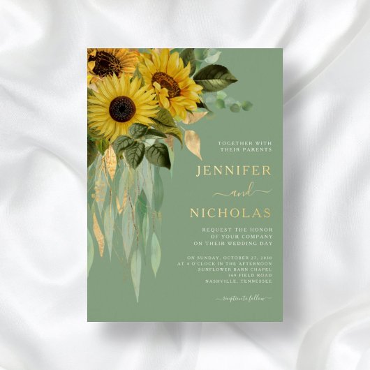 Green Floral Sunflower Weddenschap Gold Folie Uitnodiging
