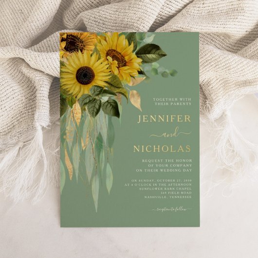 Green Floral Sunflower Weddenschap Gold Folie Uitnodiging