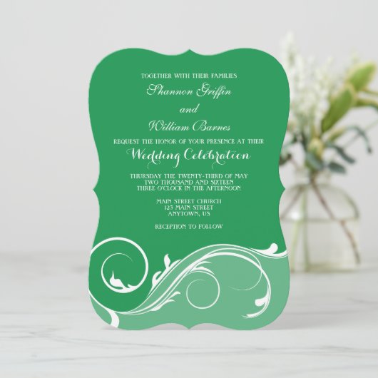 Green Floral Swirl Bracket Wedding Invites Kaart (Staand voorkant)