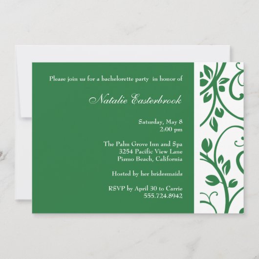 Green Floral Vine Bachelorette Party Invitation Kaart (Voorkant)