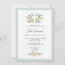 Green Floral Watercolor Baptism Invitation Kaart