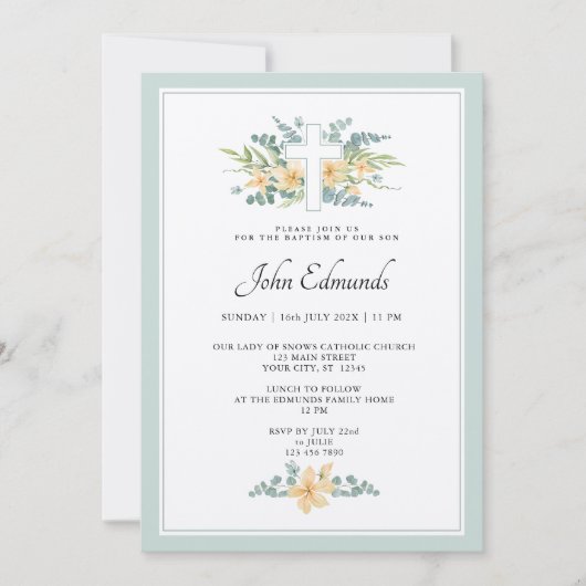 Green Floral Watercolor Baptism Invitation Kaart (Voorkant)