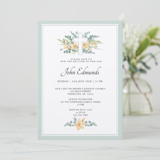 Green Floral Watercolor Baptism Invitation Kaart (Staand voorkant)