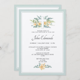 Green Floral Watercolor Baptism Invitation Kaart