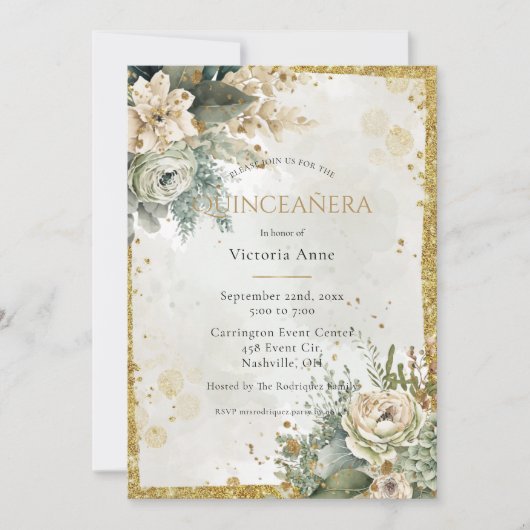 Green Floral Waterverf Gold Rustic Quinceañera Kaart (Voorkant)