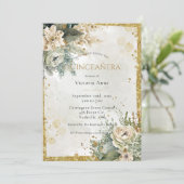 Green Floral Waterverf Gold Rustic Quinceañera Kaart (Staand voorkant)