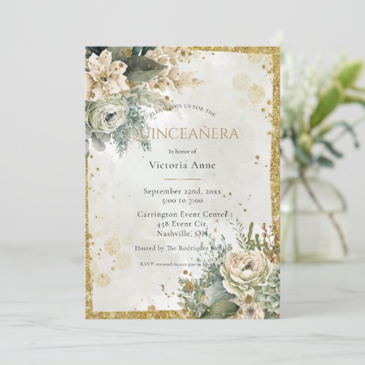 Green Floral Waterverf Gold Rustic Quinceañera Kaart (Staand voorkant)