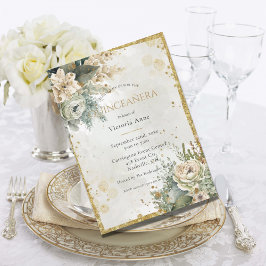 Green Floral Waterverf Gold Rustic Quinceañera Kaart