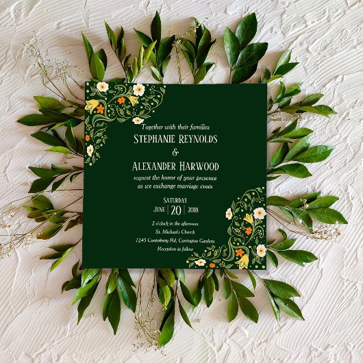 Green Floral Wedding Kaart