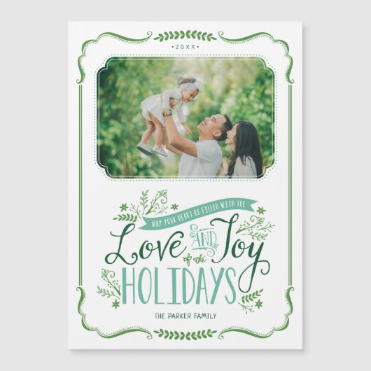 Green Floral Whimsy Magnetic Holiday Fotokaart (Voorkant)