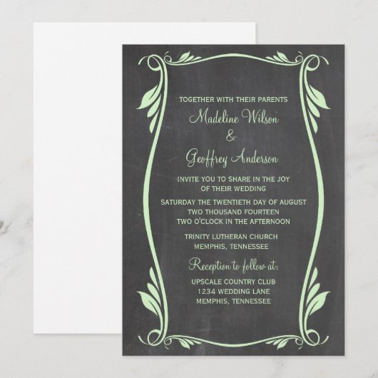 Green Flourish Chalkboard Wedding Invite Kaart