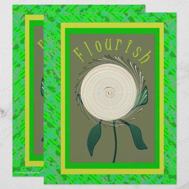 Green Flourish Flower Scrapbook Paper 2-Sided Page (Voorkant / Achterkant)