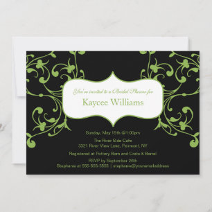 Green Flourish on Black Bridal Shower Invitation Kaart