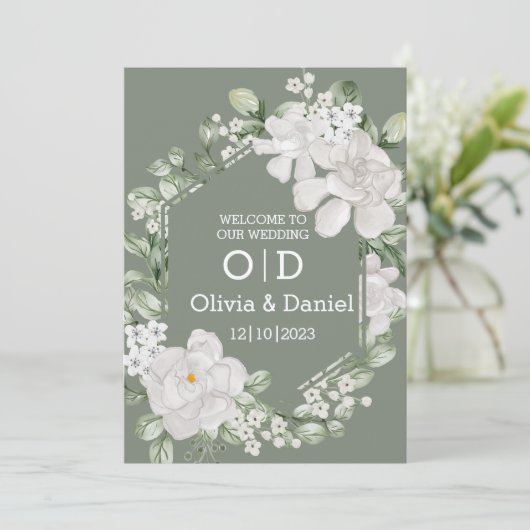 Green Flower Invitation Wedding Kaart (Staand voorkant)