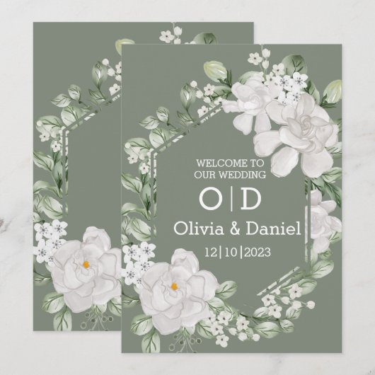 Green Flower Invitation Wedding Kaart (Voorkant / Achterkant)