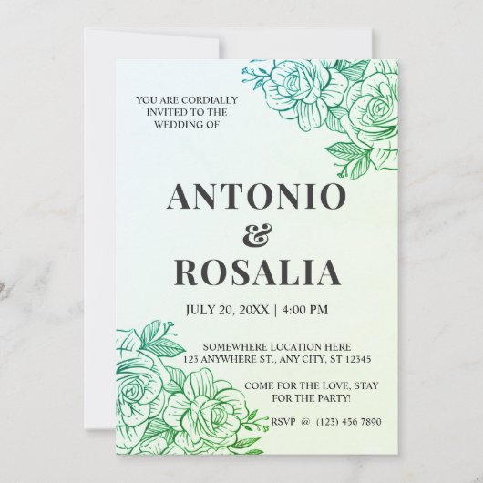 Green Flowers  Illustration Wedding Kaart (Voorkant)