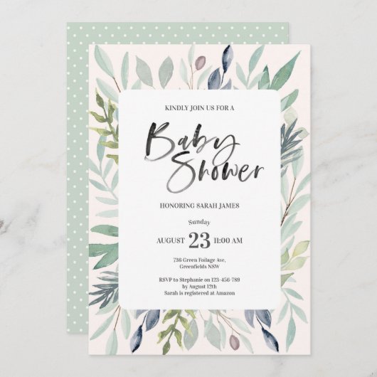 Green Foliage Baby shower Invitation Kaart (Voorkant / Achterkant)